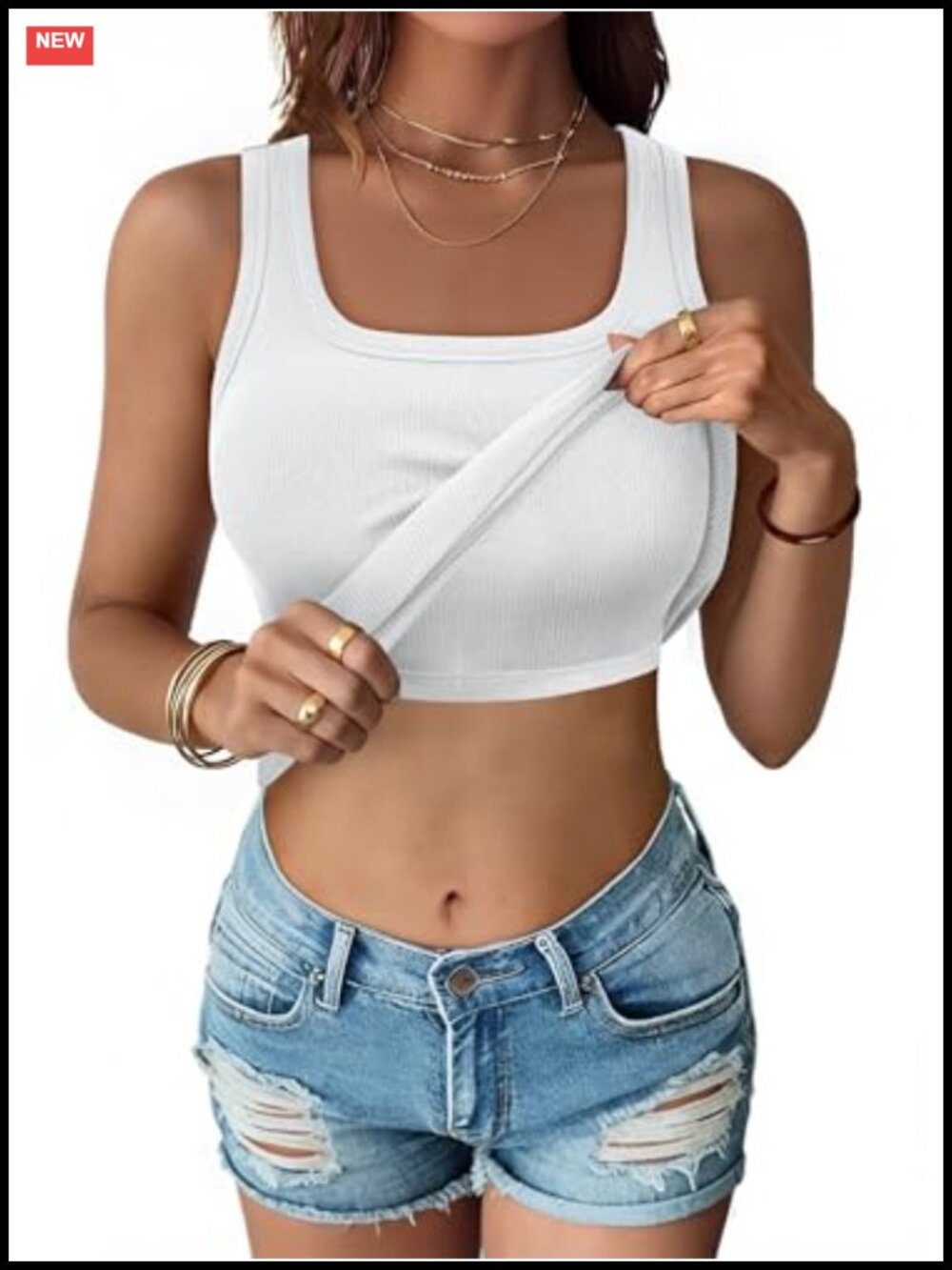 Scoop Neck Sleeveless Tank Top Built in Bra Slim Fit Summer Shirt